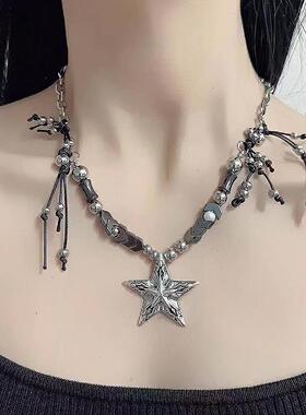 亚文化y2k陨石星芒项链女中性朋克五角星皮质锁骨链硬核朋克风