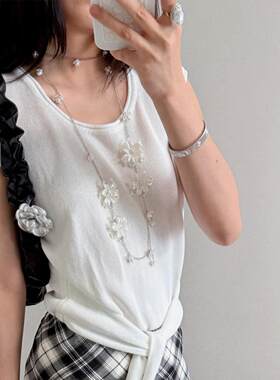 法式仙气浪漫花朵珍珠长款项链女名媛风高级感毛衣链多种戴法腰链
