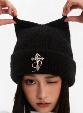 小众貂毛猫耳朵冷帽子ins可爱高级感趣味休闲街头国潮牌针织帽