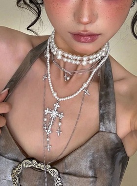 甜酷长款流苏多层珍珠镶钻十字架项链女叠带锁骨链chocker毛衣链