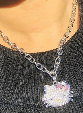 酷女孩粗链条KT猫带钻项链网红个性街头时尚蹦迪choker项圈颈链