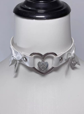 皮质白色爱心蝴蝶结甜美项圈颈圈颈带颈链choker
