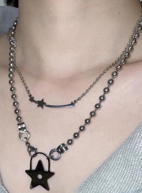 小众设计ins时髦y2k星星锁镂空五角星项链男女同款圆珠链