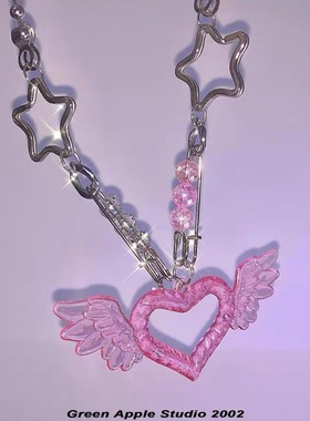 霓虹亚克力爱心翅膀别针波珠项链