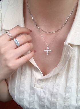 轻奢十字架项链女小众设计感满钻双层叠戴简约冷淡风颈链锁骨链潮