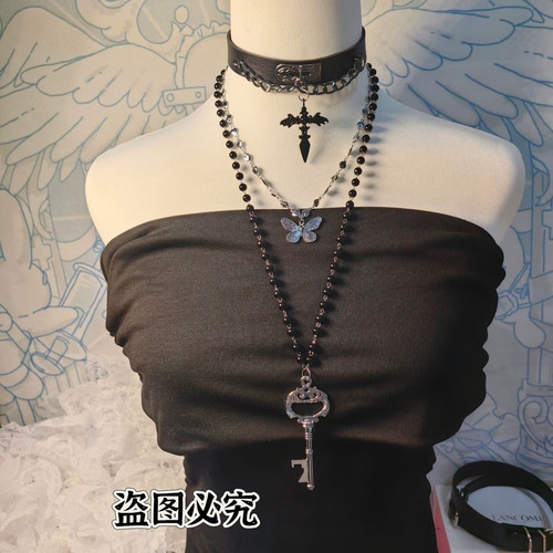 暗黑黑色哥特y2k重工十字架设计串珠毛衣项链辣妹朋克锁骨配饰