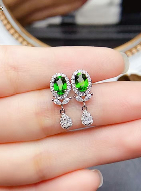 天然透辉石耳钉s925银镀金主石尺寸4*6mm支持检测