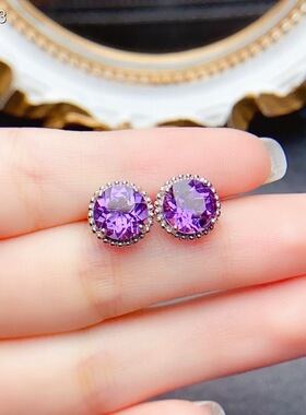 天然紫水晶耳钉，S925银镶嵌、简单大气主石8*8mm （962002）