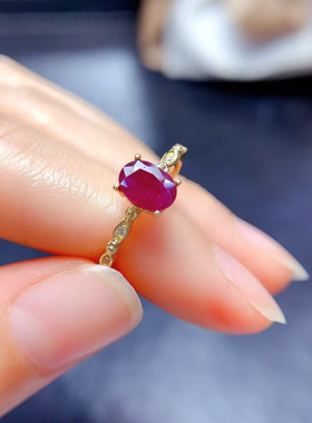 天然红宝石戒指主石尺寸5×7mm925纯银镀金支持检测