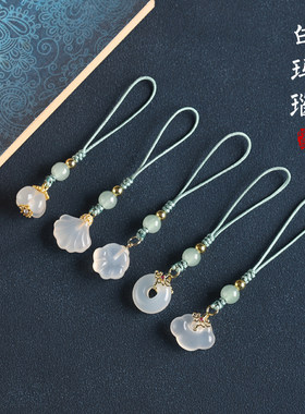 天然冰种白玉髓玛瑙如意锁手机链小熊吊坠中国风古风挂件包包挂饰