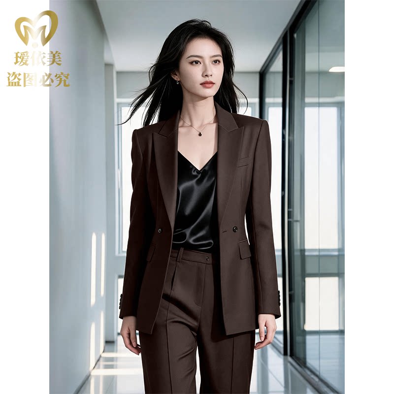 高端羊毛西装套装乌木棕色秋装新款女士休闲时尚西装遮肉显瘦总裁