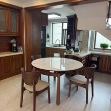 实木大理石餐桌家用胡桃色奶油风可伸缩变圆桌简约饭桌抽拉圆桌