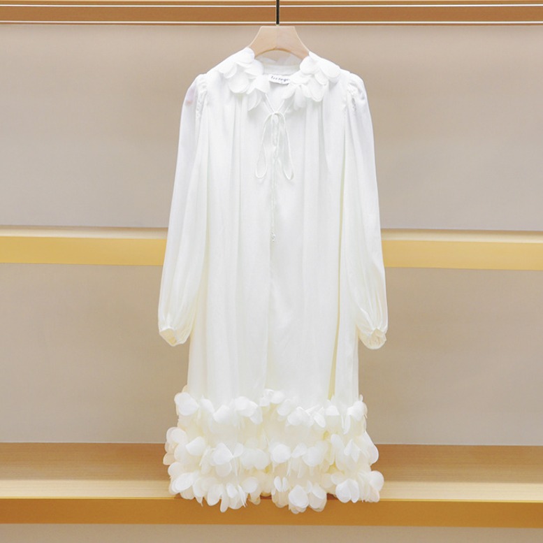 【现货】CHI家法式白色名媛风长袖连衣裙女2024春秋新款花瓣短裙