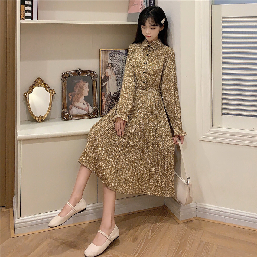 Shooting real price autumn new style Korean style style Lapel long sleeve elastic waistband retro floral dress