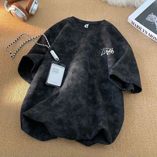 国潮体恤学生潮牌上衣复古美式 夏季 扎染短袖 T恤男女宽松大码 半袖