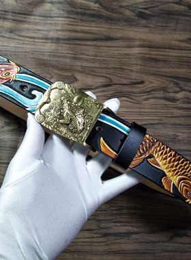 招财意大利雕刻铜扣真皮皮带
