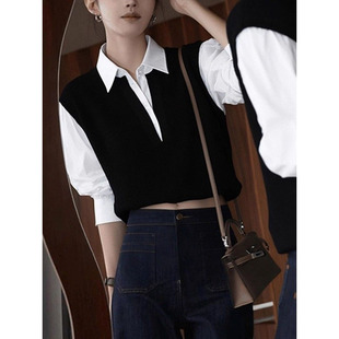 小众不撞款高级感拼接假两件针织衫2025秋季新品时髦洋气韩系毛衣