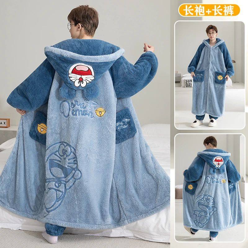 秋冬季珊瑚绒浴袍男士睡衣加绒加厚保暖长款睡袍套装青少年家居服