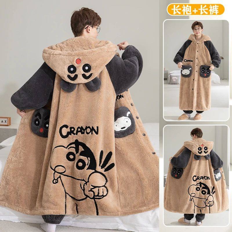 珊瑚绒男士睡袍秋冬季加厚加绒睡衣青少年长款浴袍大码卡通家居服
