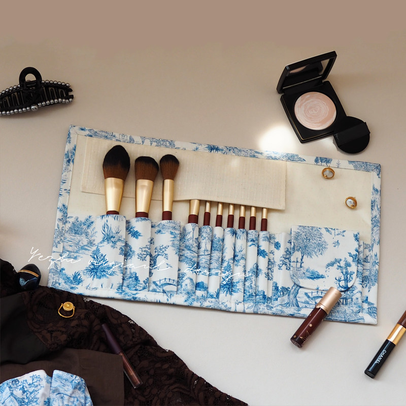野栀原创手作小众法式复古高质感蓝色调防水美妆刷包便携式收纳包,收纳整理,化妆包,淘宝优惠券,粉丝福利购,淘宝优惠卷