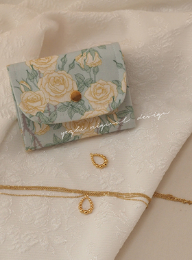 野栀原创手作纯棉复古蓝色浪漫天使玫瑰碎花证件卡包手链收纳包