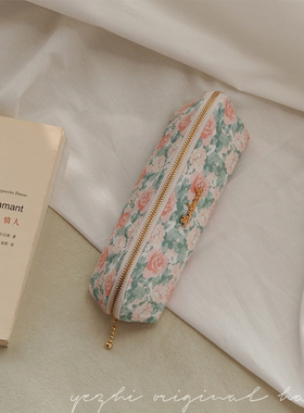 野栀原创 复古淡绿色恬静碎花精致小清新小众学生文艺笔袋文具袋