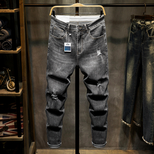 夏季薄款破洞九分牛仔裤男胖子大码弹力漏洞小脚裤灰色裤子潮