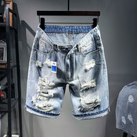 Summer pure cotton ripped denim shorts, men's trendy, loose, overweight, plus-size, ripped capri pants, super ripped mid-length pants thumbnail 3