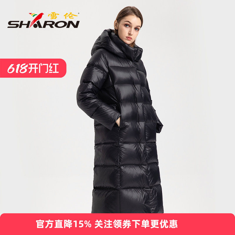 雪伦羽绒服亮面长款氛围感女士连帽冬季外套修身保暖