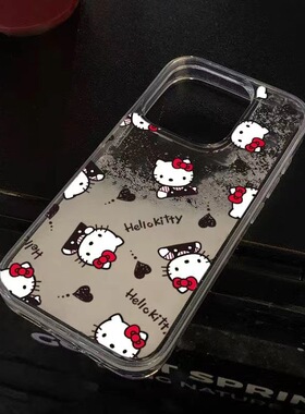 2024新款高颜值高档黑色爱心凯蒂适用苹果14plus手机壳iPhone15promax流沙13简约x/xr外壳