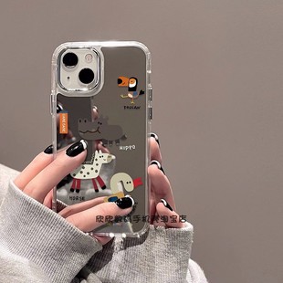英文动物卡通镜面手机壳高级感xr彩绘iphone16promax少女xs开心13适用苹果78/14/15镜子11保护壳12手机套包邮