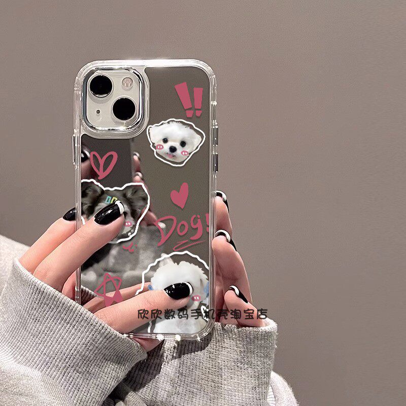 雪纳瑞狗卡通镜面手机壳高级感xr彩绘iphone16promax少女xs开心13适用苹果78/14/15镜子11保护壳12手机套包邮