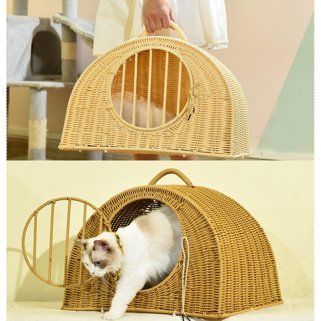 新品藤猫窝狗宠物窝藤编旅行随身携带室内四季通用封闭式手提笼子
