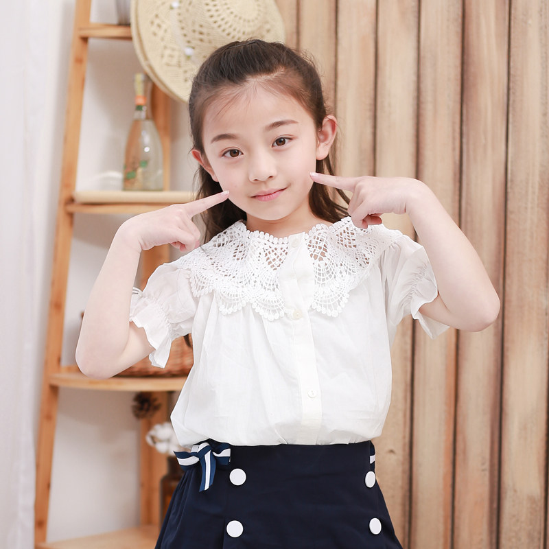 Poached Egg Children's clothing girl shirt Korean Edition Western style white Lace shirt Hollow Short sleeved pure cotton Base coatin the Children/Baby/Family fitted , Shirt  category - from Buy2taobao.com to provide professional Taobao agent buy service