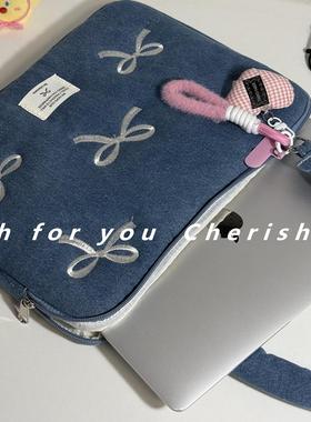 韩国新款水洗牛仔刺绣ins风14寸手提电脑包适用于联想小新15.6MacBookpro14m2单肩保护套iPad内胆包