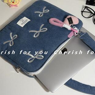 韩国新款 水洗牛仔刺绣ins风14寸手提电脑包适用于联想小新15.6MacBookpro14m2单肩保护套iPad内胆包