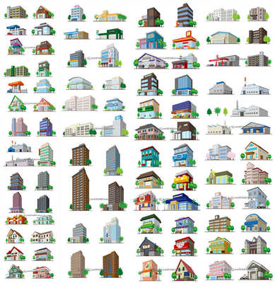 A0698矢量立体3D风格建筑物摩天大楼工厂房屋图标  AI设计素材