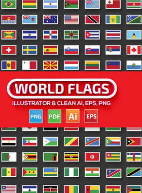 A2064矢量188个国家国旗图标icons图案 AI设计素材+png格式