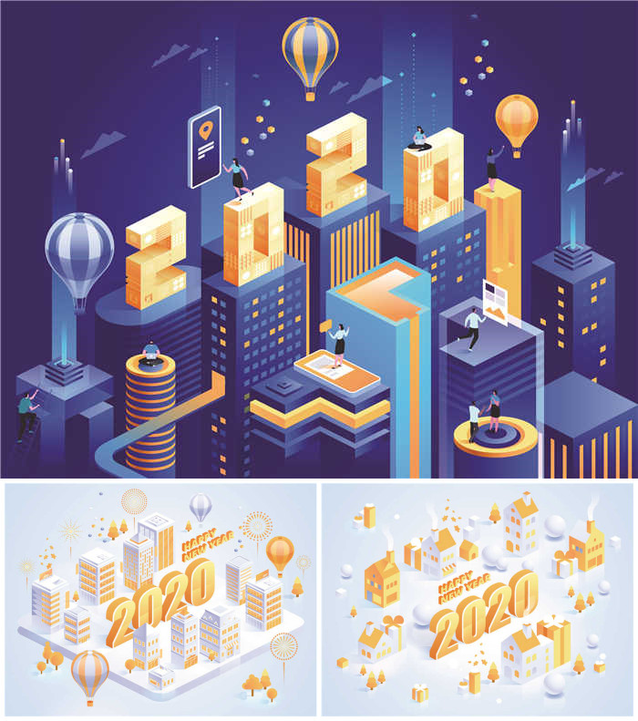 A3919矢量扁平化科技风轴测图2020年新年快乐背景 AI设计素材