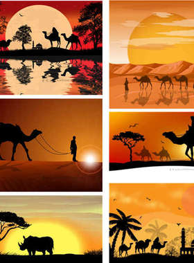 A2072矢量沙漠骆驼草原动物人物剪影背景图 AI设计素材