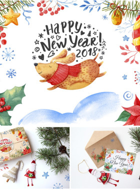 P0495高清PS设计素材 水彩圣诞节狗狗礼物包装印花纹理图PNG+PSD