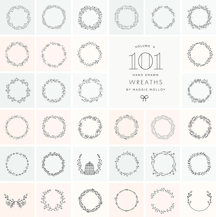 A1655矢量101个花环树叶logo装饰印花插画 AI设计素材+psd