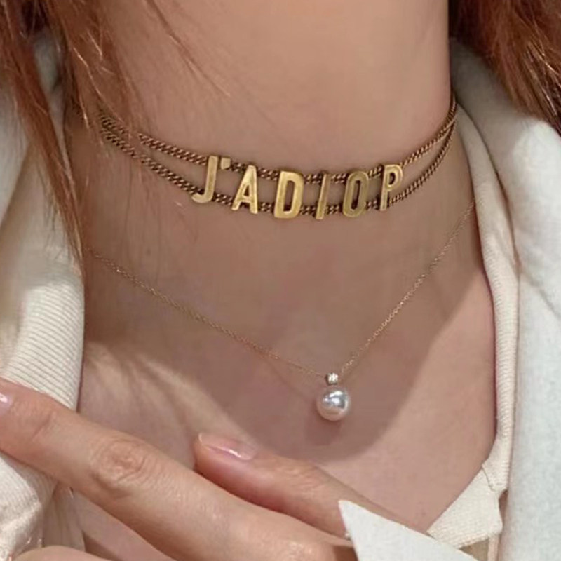 字母双层链条锁骨链女复古做旧