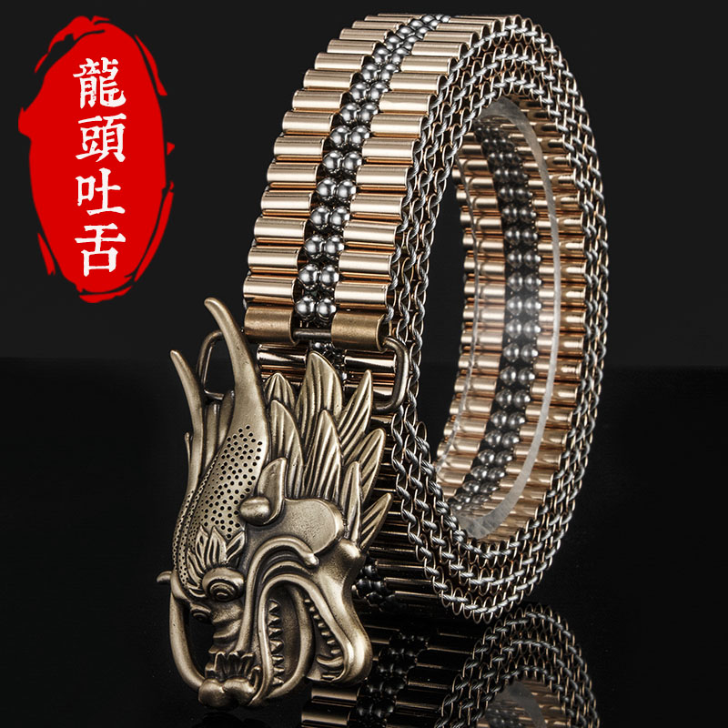 杨记手工皮带男纯铜金龙腰带不锈钢裤带户外钢珠防身多功能皮带男