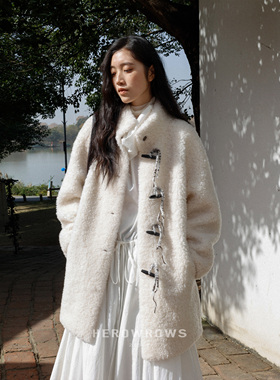 Herowrows25新品 100羊毛宽松立领大衣 手工绕线牛角扣羊羔毛外套