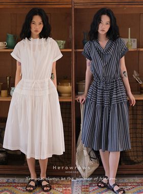 Herowrows25新品 松弛感多穿式宽松A摆连衣裙 白色条纹两色大摆裙