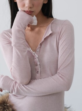 HEROW   亨利领天丝羊毛长袖T恤 拼色荷叶修身打底衫