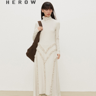 HEROW 针织高领修身连衣裙 设计感荷叶边律动A型裙摆长裙