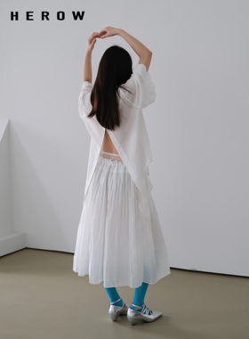 HEROW   一衣多穿重工压褶假两件腰头设计百褶水母半身裙韩系夏