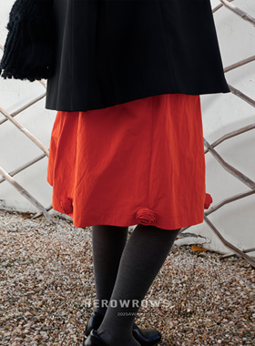 Herowrows 25新品 橘红色手工花朵复古半裙 弹力褶皱针织腰头伞裙